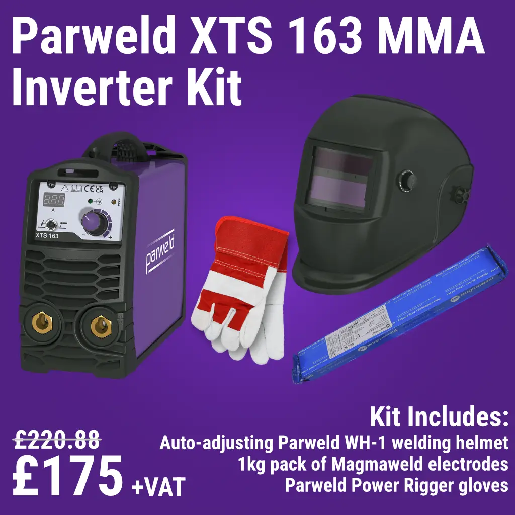 sale on parweld xts 163 welding kit for £175 plus VAT. includes parweld wh-1 helmet, power rigger gloves, and a 1kg pack of magmaweld electrodes.